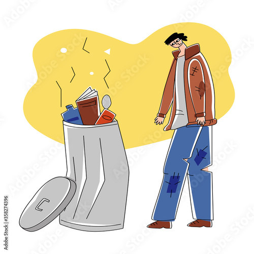 Vector flat illustration sad homeless beggar standing and looking into filled trash can. Concept poverty, social problems, volunteering, assistance. Landing pages, banners, social networks, etc.