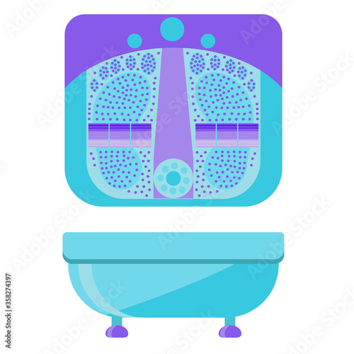 Color vector illustration of a device for hydromassage of feet isolated on a white background. Vibration bath for feet hydromassage. Top and side view. Vector illustration in Cartoon style.