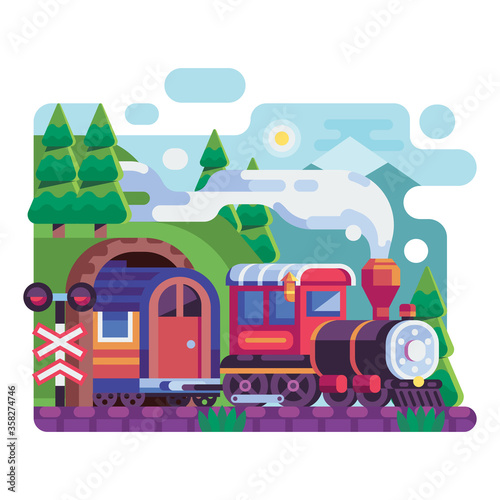 Old Retro Locomotive with Wagon on Mountains