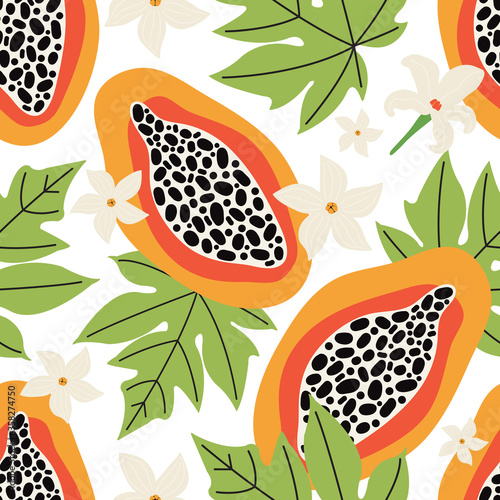 Exotic summer seamless pattern. Orange papaya on a white background. Tropical sweet fruit cut into slices, flowers, leaves, pulp, seeds. Hand drawn vector background colorful doodle jungle fruits.