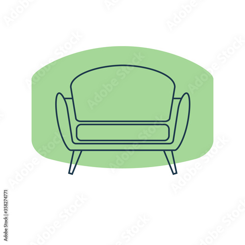 Comfortable sofa with one pillow. Image of couch in line art style. Element furniture of the interior. Modern stylish object for relaxation. Flat illustration with settee on shape background