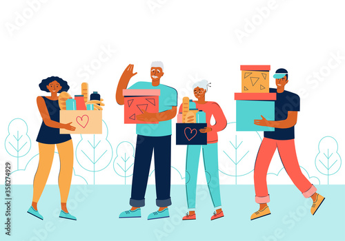 Volunteer assistance to the elderly. Cardboard donation box with different food and products for help to poor people. Support social care, volunteering and charity. Cartoon flat vector illustration.
