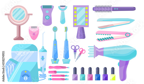 Set of devices for women's beauty and health. Collection of tools for hair care, makeup, manicure, epilation and oral care. Accessories for the bathroom. Vector illustration in flat style.