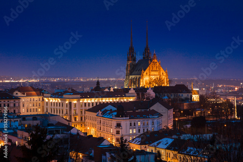 A view of Brno Cathedral and skyline at night, Brno, Czech Republic, Europe - February 22nd 2018