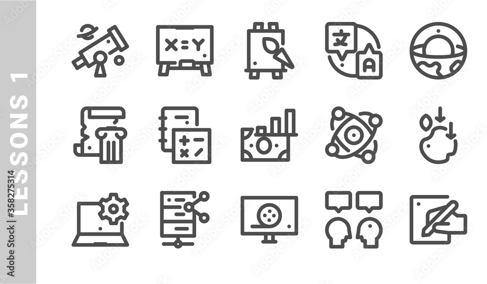 lessons 1 icon set. Outline Style. each made in 64x64 pixel