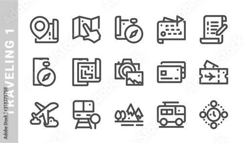 traveling 1 icon set. Outline Style. each made in 64x64 pixel