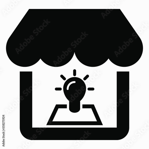 The building of the store and the light bulb. Shop setup. The supermarket is open. Vector icon.