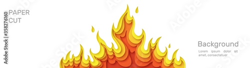 Horizontal white banner with fire. Layered design in paper style. Place for text. Vector illustration