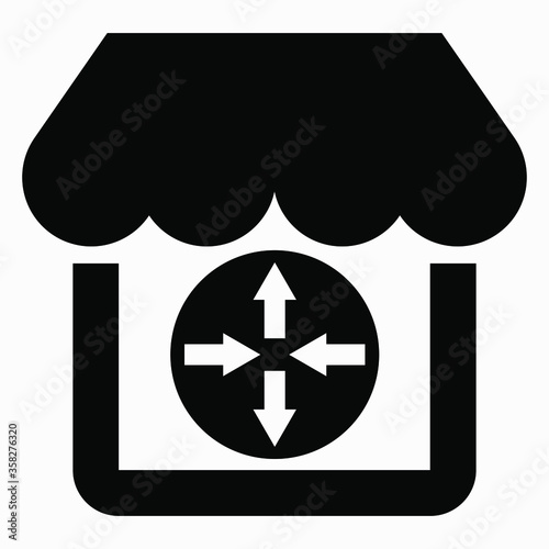 Shop building and arrows. Logistics supermarket. The movement of goods. Market Management. Vector icon.