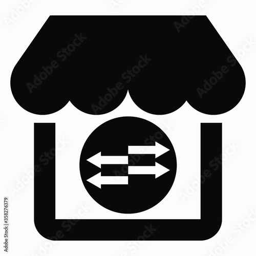 Shop building and arrows. Logistics supermarket. The movement of goods. Market Management. Vector icon.