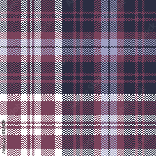 Tartan plaid vector pattern in blue, pink, purple, white. Seamless multicolored dark check plaid for flannel shirt, blanket, duvet cover, or other modern autumn winter textile print.