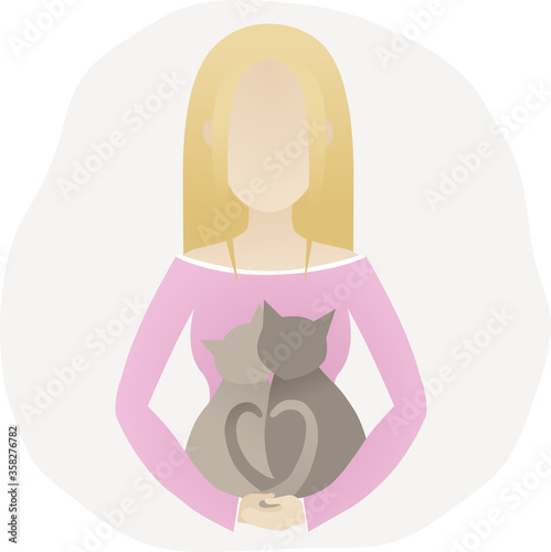 Vector flat isolated blonde girl in green shirt holding two cats on blue background, logotype concept for veterinary clinic