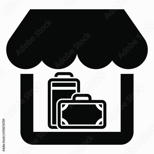 Shop and luggage icon. Tourist shop. Supermarket bags. Storage location for suitcases. Vector icon.