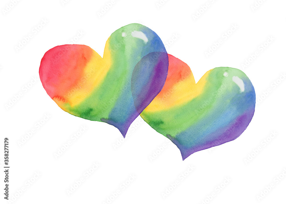 Watercolor illustration, two hearts painted by hand in rainbow color. Isolated on white background. LGBT, love is love, Valentine’s day, pride night concept. 