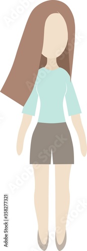 Vector flat girl staying straight in green shirt and brown shorts, isolated on white background