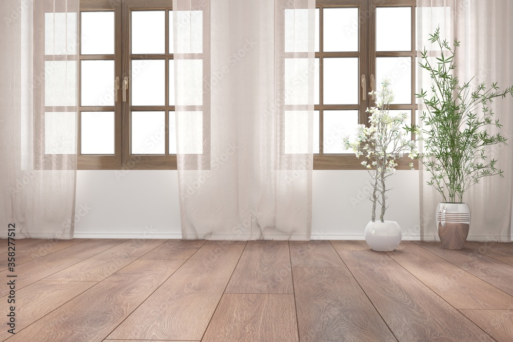 modern empty room with plants interior design. 3D illustration