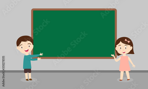 Children standing front blackboard happy back to school. Kids , girl and boy are front class room welcome back to school. Cute flat style illustration vector cartoon.