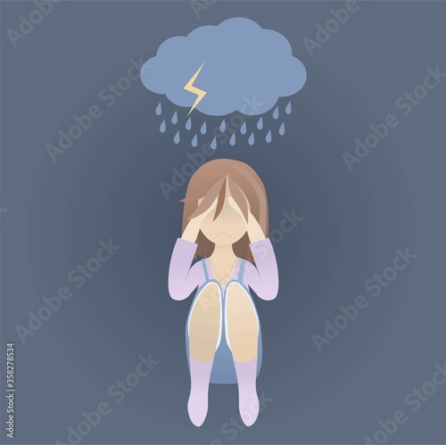 Vector flat isolated colored sad crying girl in depression, under rain cloud on dark blue background