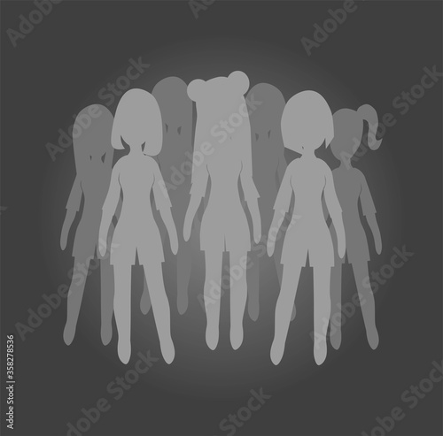 Vector flat design isolated group of different anonymous people without faces on dark grey background
