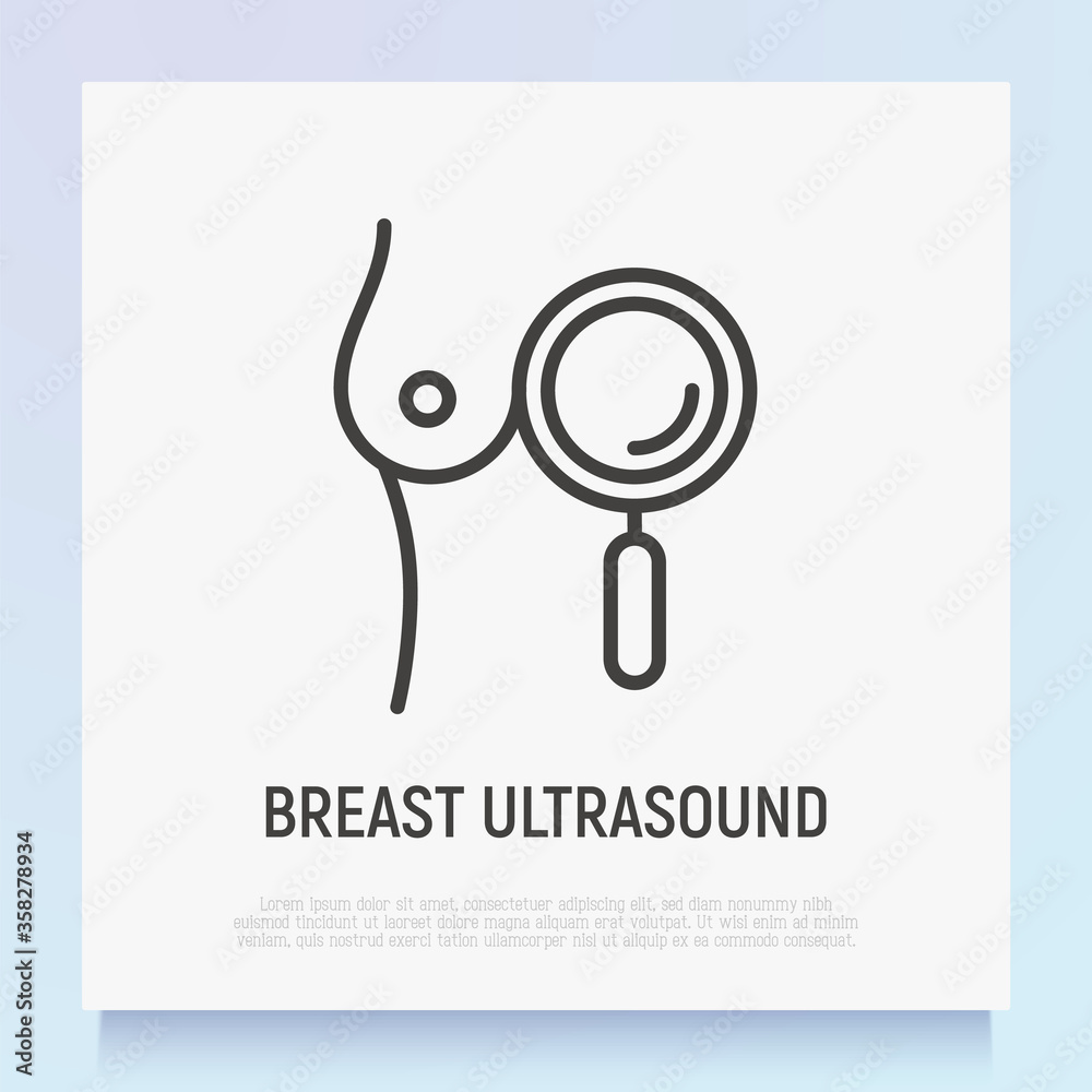 Mammography, breast ultrasound thin line icon. Medical examination. Breast with magnifier. Modern vector illustration.