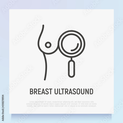 Mammography, breast ultrasound thin line icon. Medical examination. Breast with magnifier. Modern vector illustration.