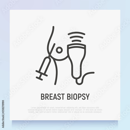 Breast biopsy thin line icon. Syringe and ultasound near the breast. Medical diagnostics of oncology. Vector illustration.