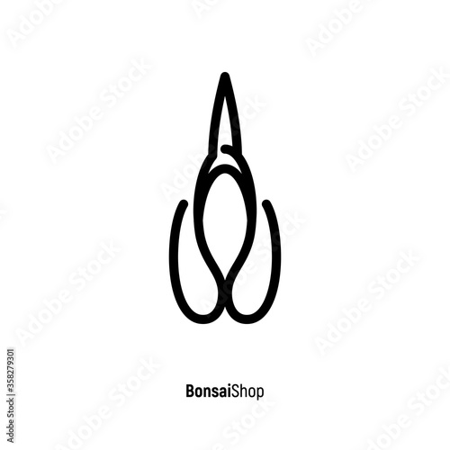 Logo for plant, bonsai or flower shop with scissors. Japanese culture. Vector illustration in thin line style.