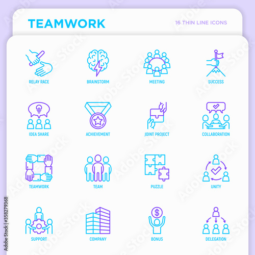 Teamwork thin line icons set  relay race  brainstorm  success  meeting  idea share  collaboration  joint project  unity  support  delegation  bonus. Modern vector illustration.