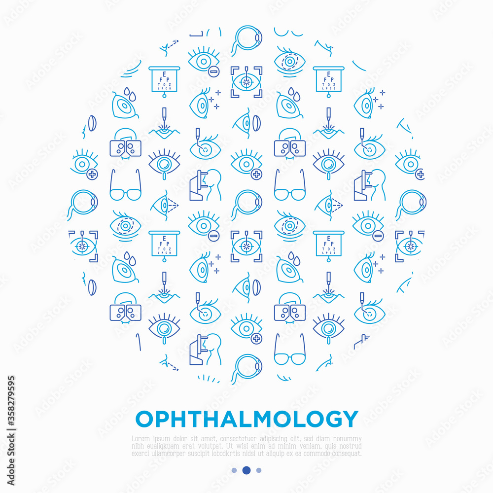 Ophthalmology concept in circle with thin line icons: laser eye surgery, eye test, eye drops, contact lenses, cataract, astigmatism, phoropter, autorefractometer, farsightedness. Vector illustration.