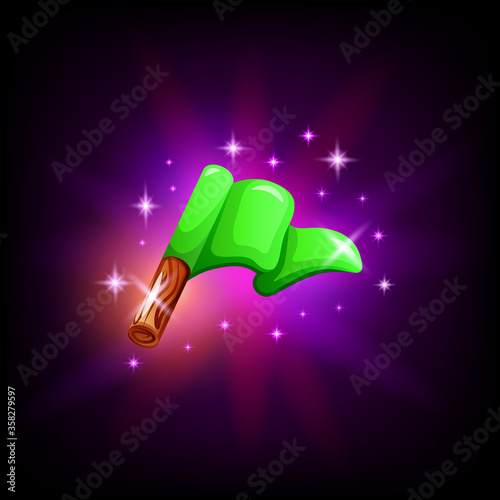 Green Flag on pole gui element for game or mobile application design on dark background. Start or finish vector icon in cartoon style