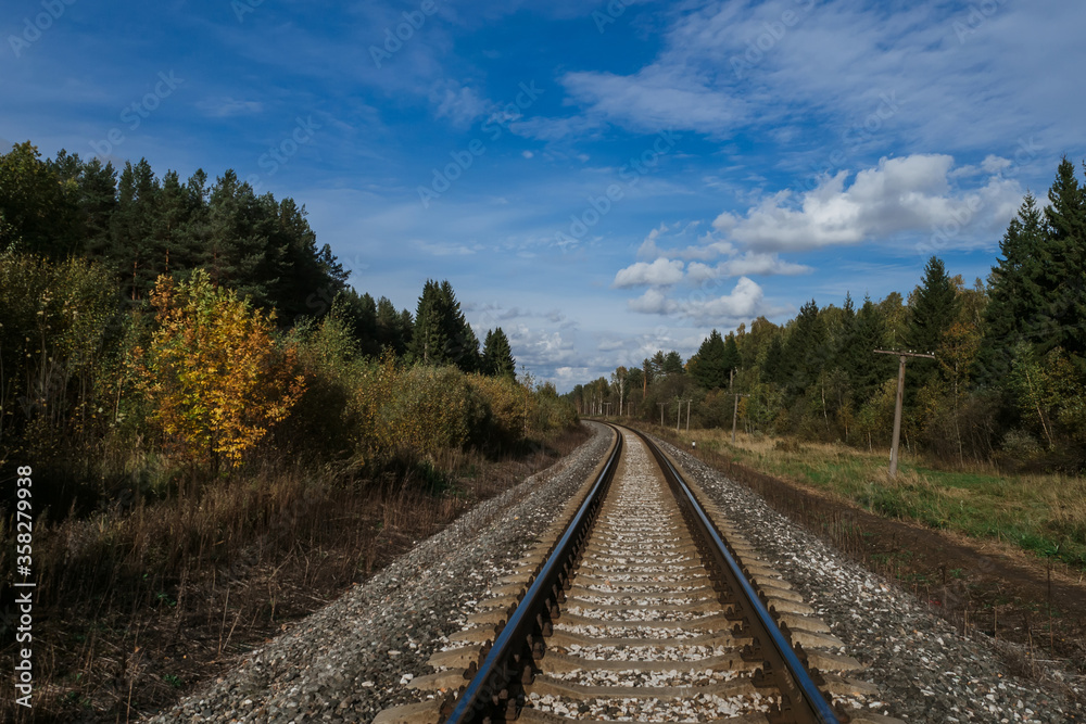 Railway among the forest under the blue sky