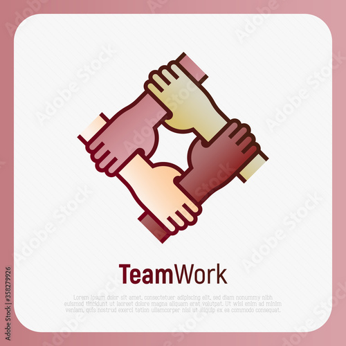 Four hands hold together for the wrist other. Symbol of teamwork, support, charity organization and donation community. Thin line vector illustration.