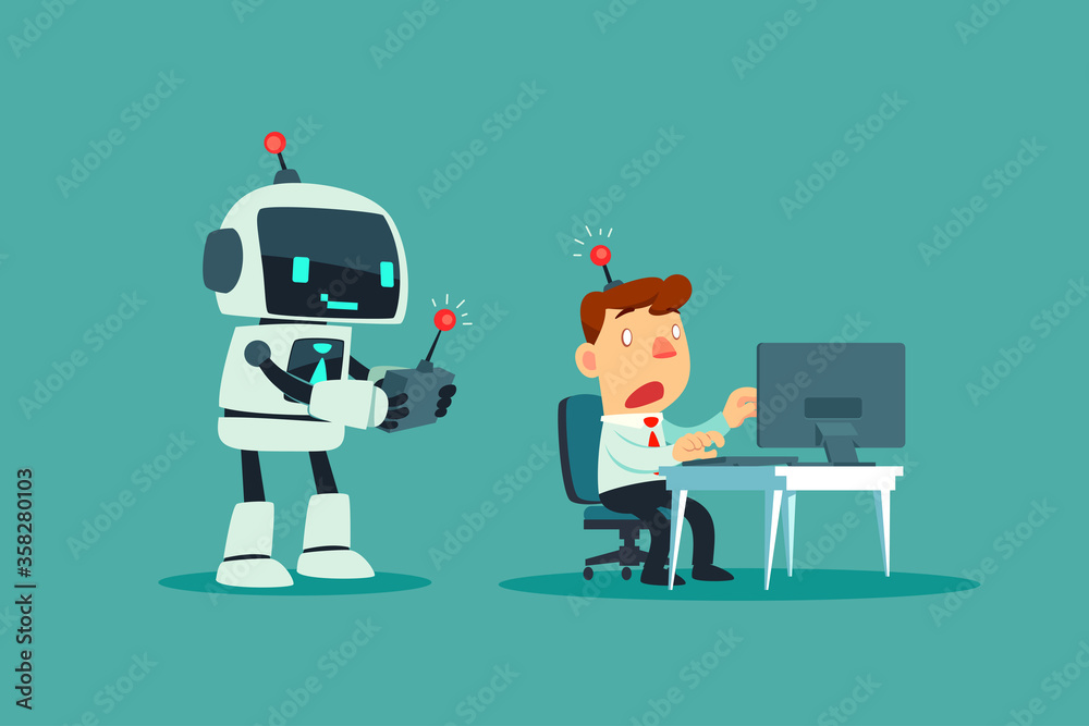 robot use remote control with a businessman robot use remote control with a businessman