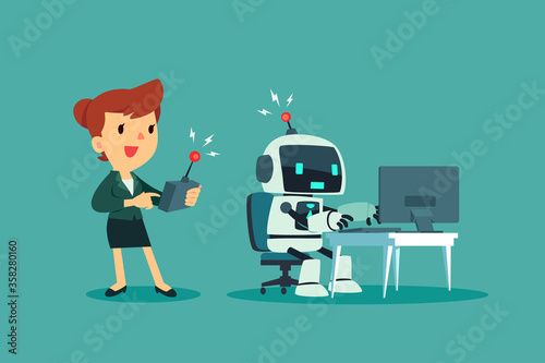 businesswoman controlling a robot with remote control