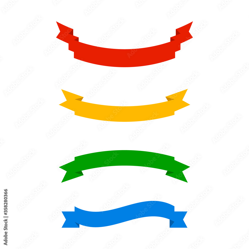 Four colorful vector ribbons or banners for a retail store in magenta yellow cyan and blue with the text - Sale 50 percent - Bestseller - Original - Brand New - in different shapes isolated on white