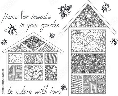 Vector linear doodle design handmade garden wooden home or hotel for insects, bees, with bugs around and text