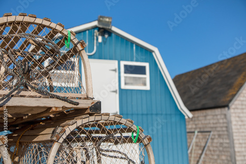 Closeup of lobster barns and pots of Prince Edward Island