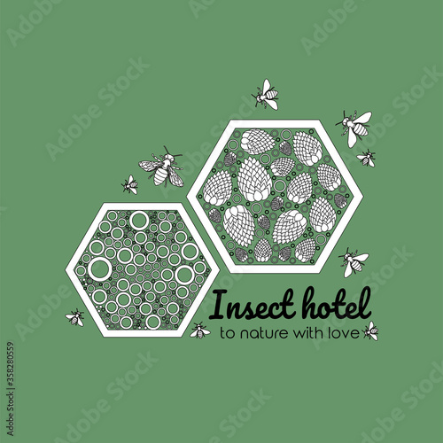 Vector linear doodle design illustration, handmade garden wooden home or hotel for insects, bees, with bugs around and text
