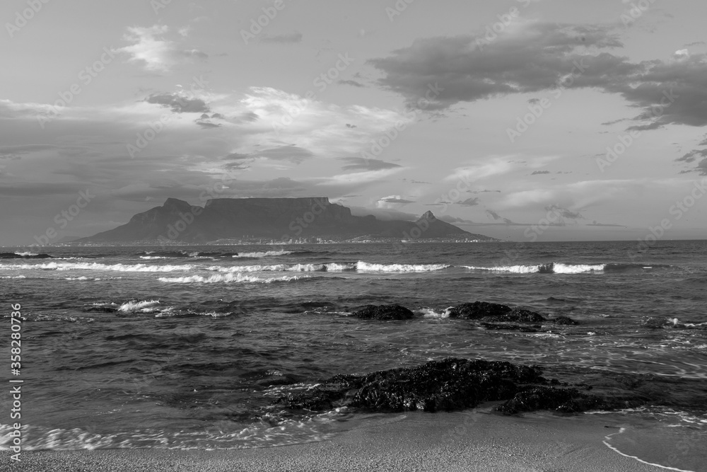 Table Top Mountain Black and White from beach 