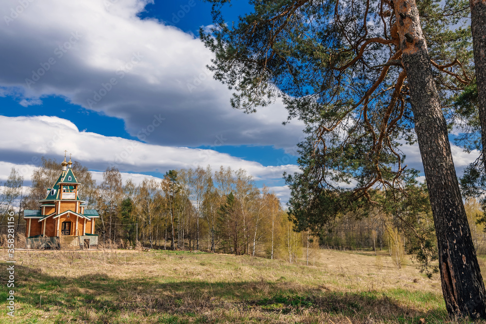 modern rural wooden Church of the Christian Orthodox religion in Russia