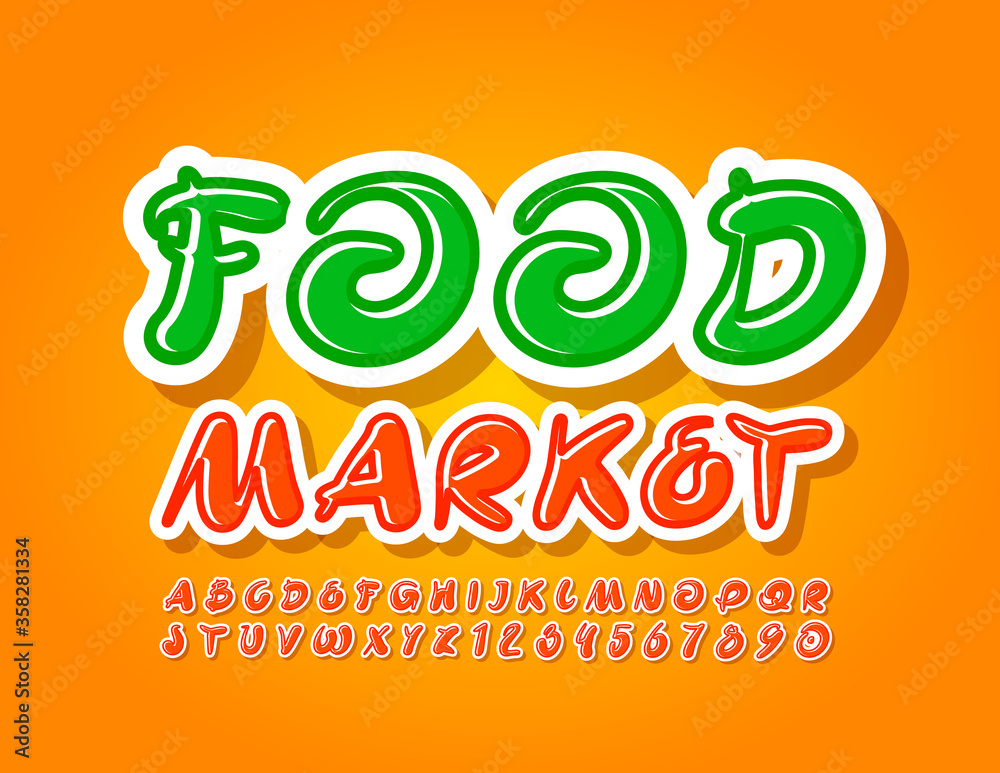 Naklejka premium Vector creative poster Food Market with Glossy Artistic Font. Handwritten Alphabet Letters and Numbers