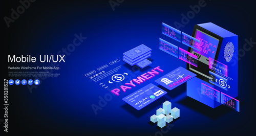 ATM for withdrawing money in isometric view. Mobile banking for making payments. Banking technology and financial transactions, cash machine. Isometric financial banner © PALERM089