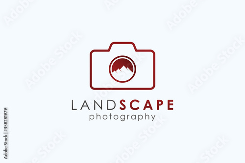 Landscape Photography Logo. Linear Camera Icon with Circle Shape Negative Space Mountain Symbol Combination isolated on White Background. Flat Vector Logo Design Template Element.