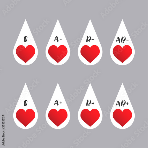 Vector isolated flat design icon set of blood types in white drops with red hearts on grey background
