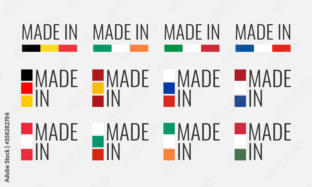 set of vector labels made in spain, italy, germany, france, belgium, russia, holland, austria, hungary, ireland, bulgaria and made in europe, european union flag logo