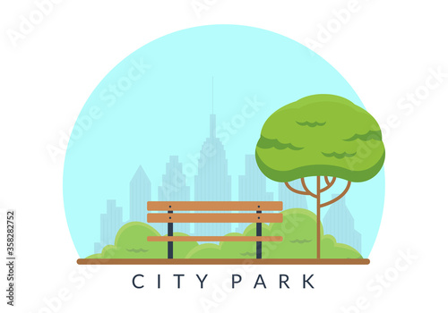 City park background. Garden landscape with bench, green tree and cityscape. Public park emblem. Vector illustration.