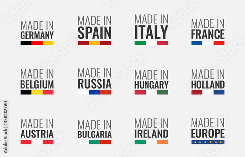 vector logo set made in germany, france, italy, spain, belgium, russia, holland, austria, hungary, ireland, bulgaria and made in european union, eu countries flag label