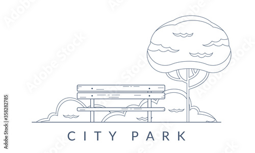 City park outline background. Garden landscape with bench and tree. Public park emblem. Vector illustration.