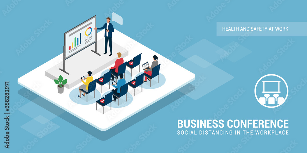 Social distancing during a business conference - obrazy, fototapety, plakaty 