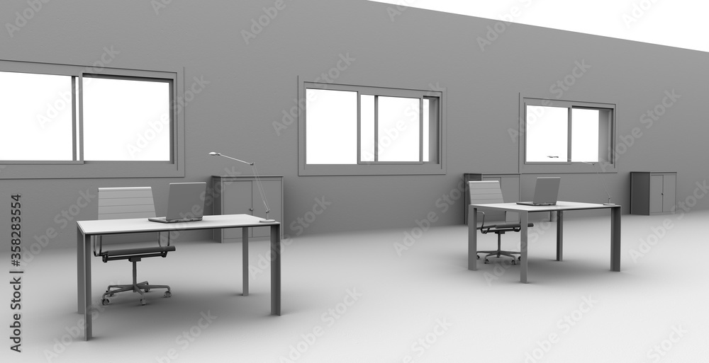 Ilustración en 3D de conjunto de oficina: mesa de trabajo, ordenador portátil, flexo y silla con ruedas. Render estilo maqueta Ilustración en 3D de conjunto de oficina: mesa de trabajo, ordenador portátil, flexo y silla con ruedas. Render estilo maqueta